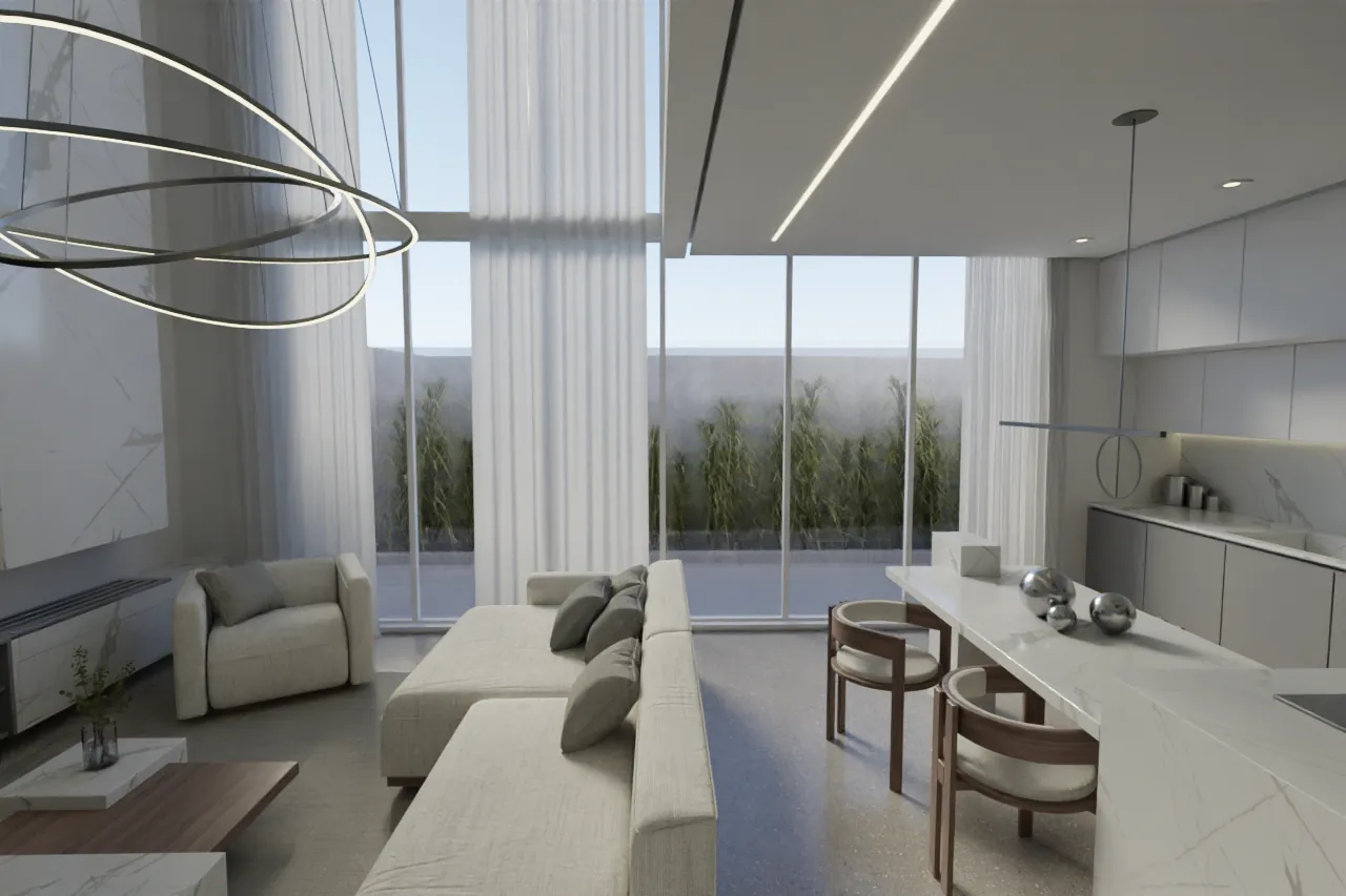 The Loft living room: a still image on one side, the live walkthrough at the same spot on the other