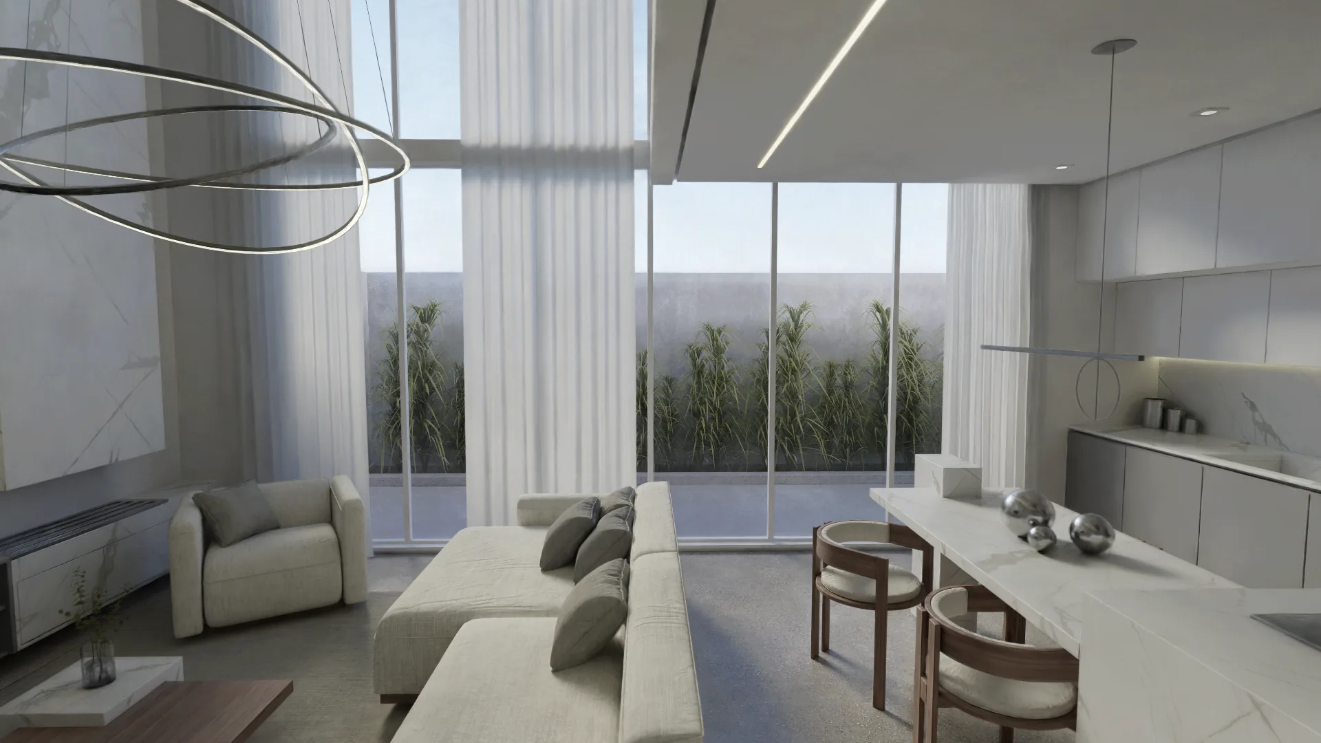 The Loft: a living room with tall windows and a marble kitchen