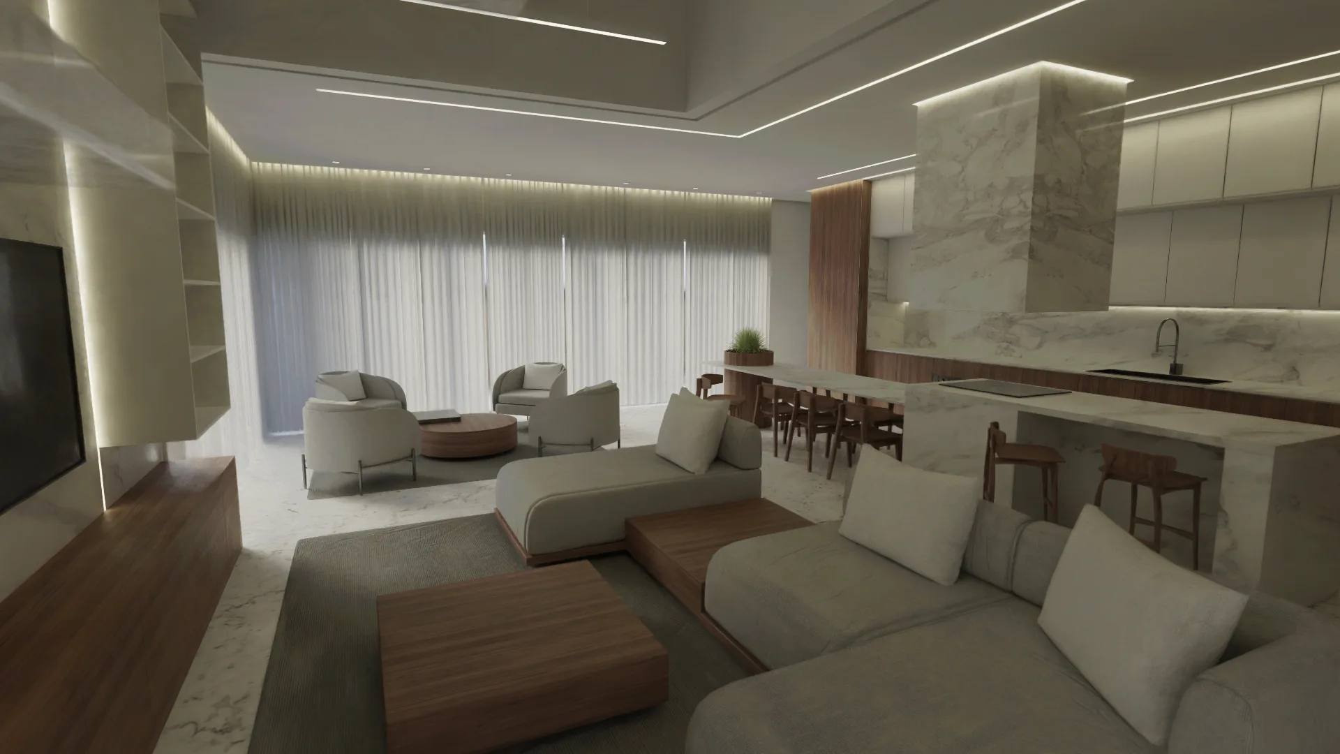 The Residence: a living room with a linen sofa and a marble wall in soft light